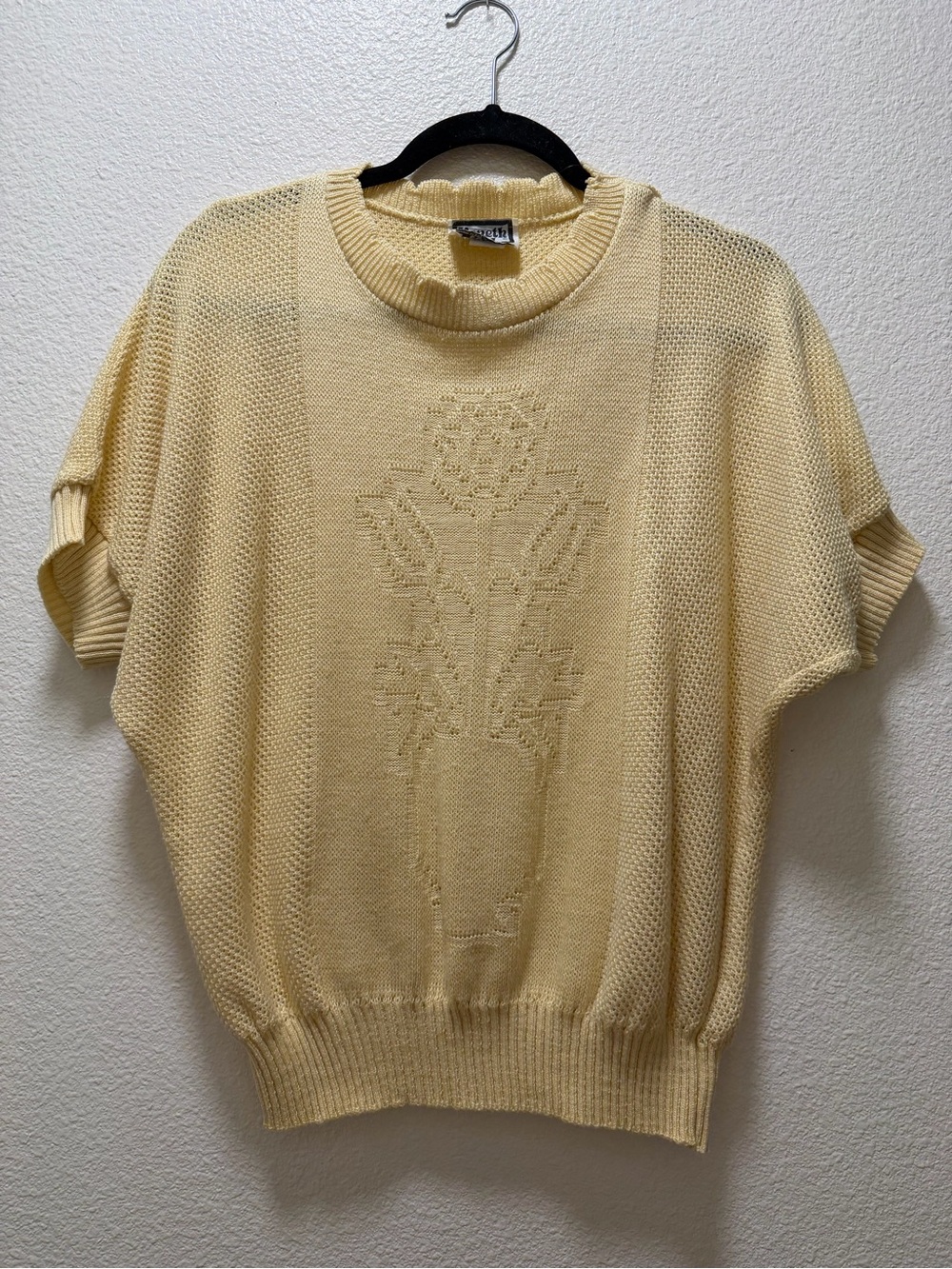 Vintage Kenneth Too Butter Yellow Knit Short Sleeve Sweater with Floral Panel